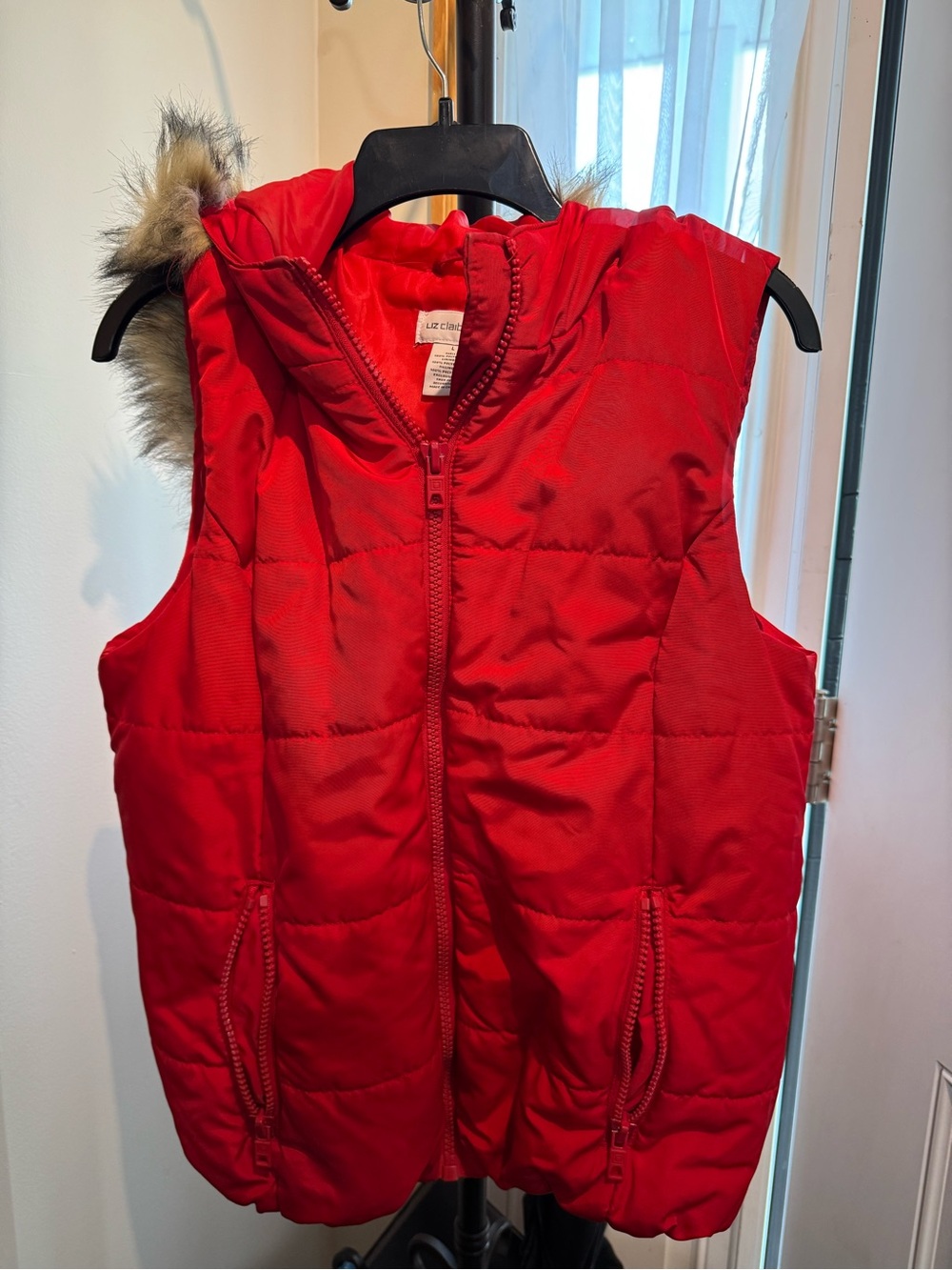 Liz Claiborne Red Puffer Vest with Faux Fur Trim Hood